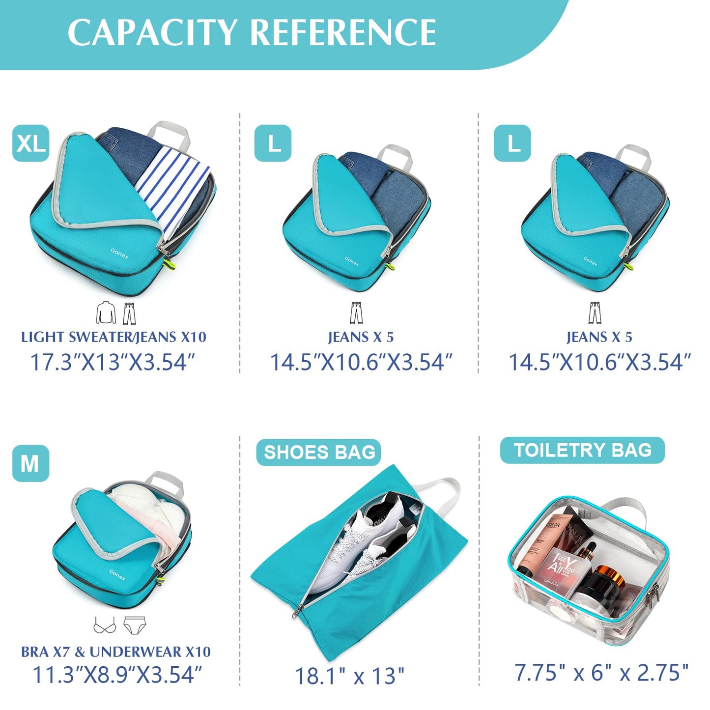 Gonex 6 Pcs Compression Packing Cubes with Shoe Bag, Clear Toiletry Bag