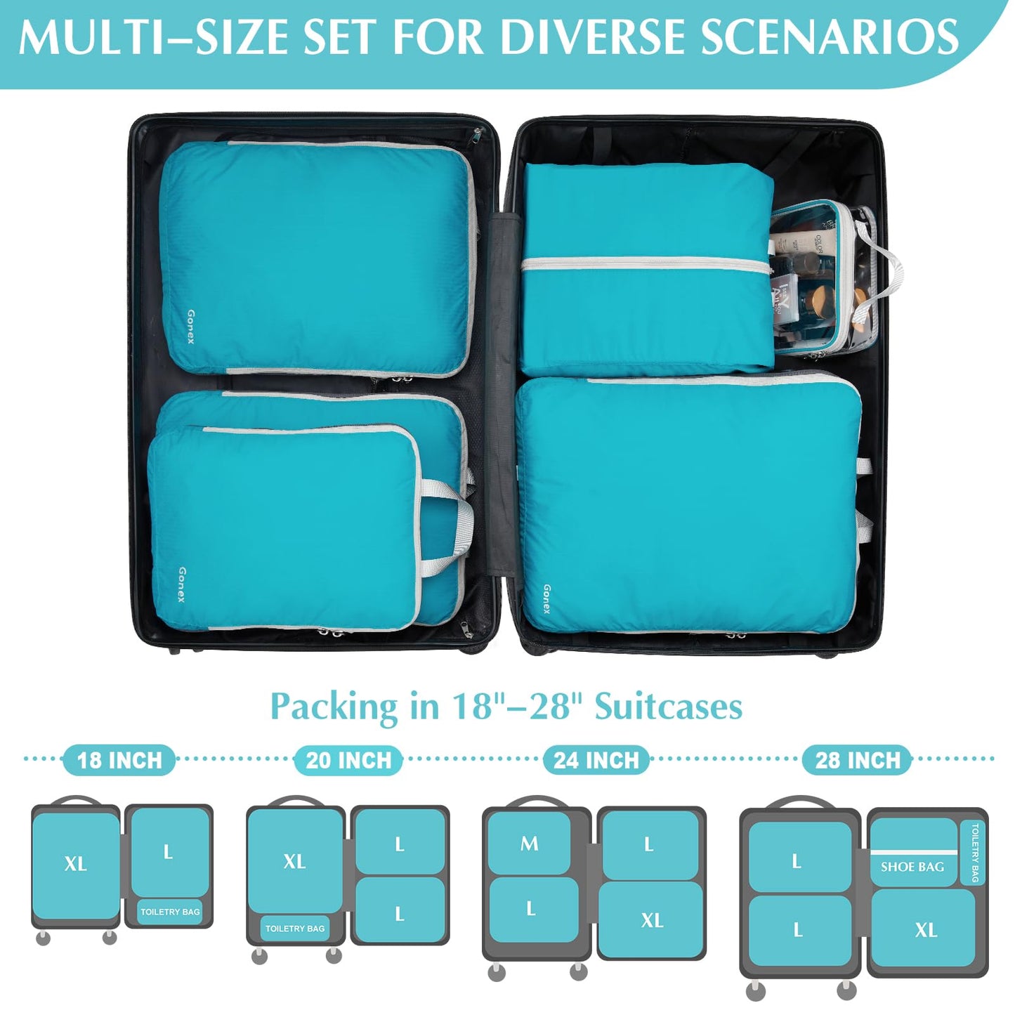 Gonex 6 Pcs Compression Packing Cubes with Shoe Bag, Clear Toiletry Bag