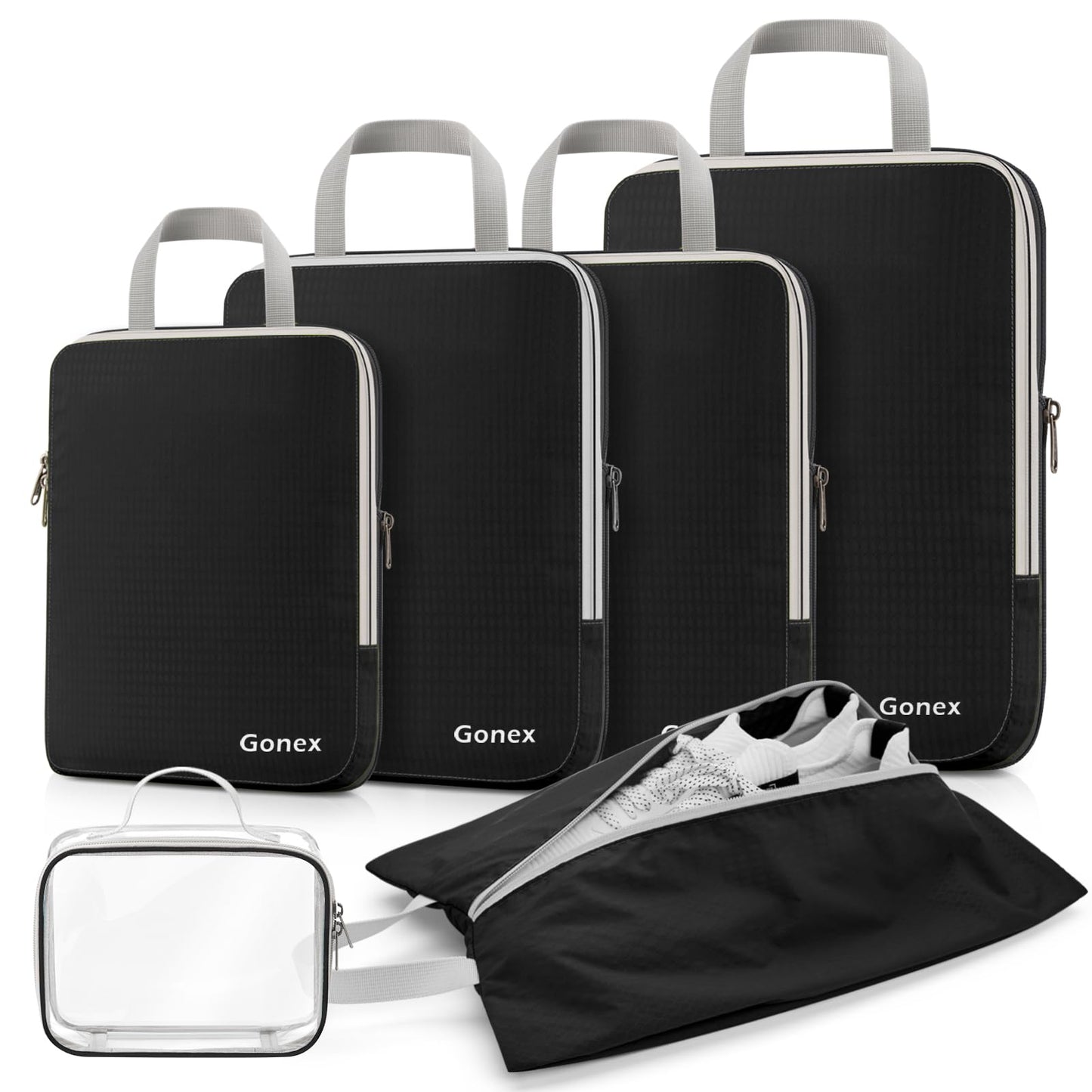 Gonex 6 Pcs Compression Packing Cubes with Shoe Bag, Clear Toiletry Bag