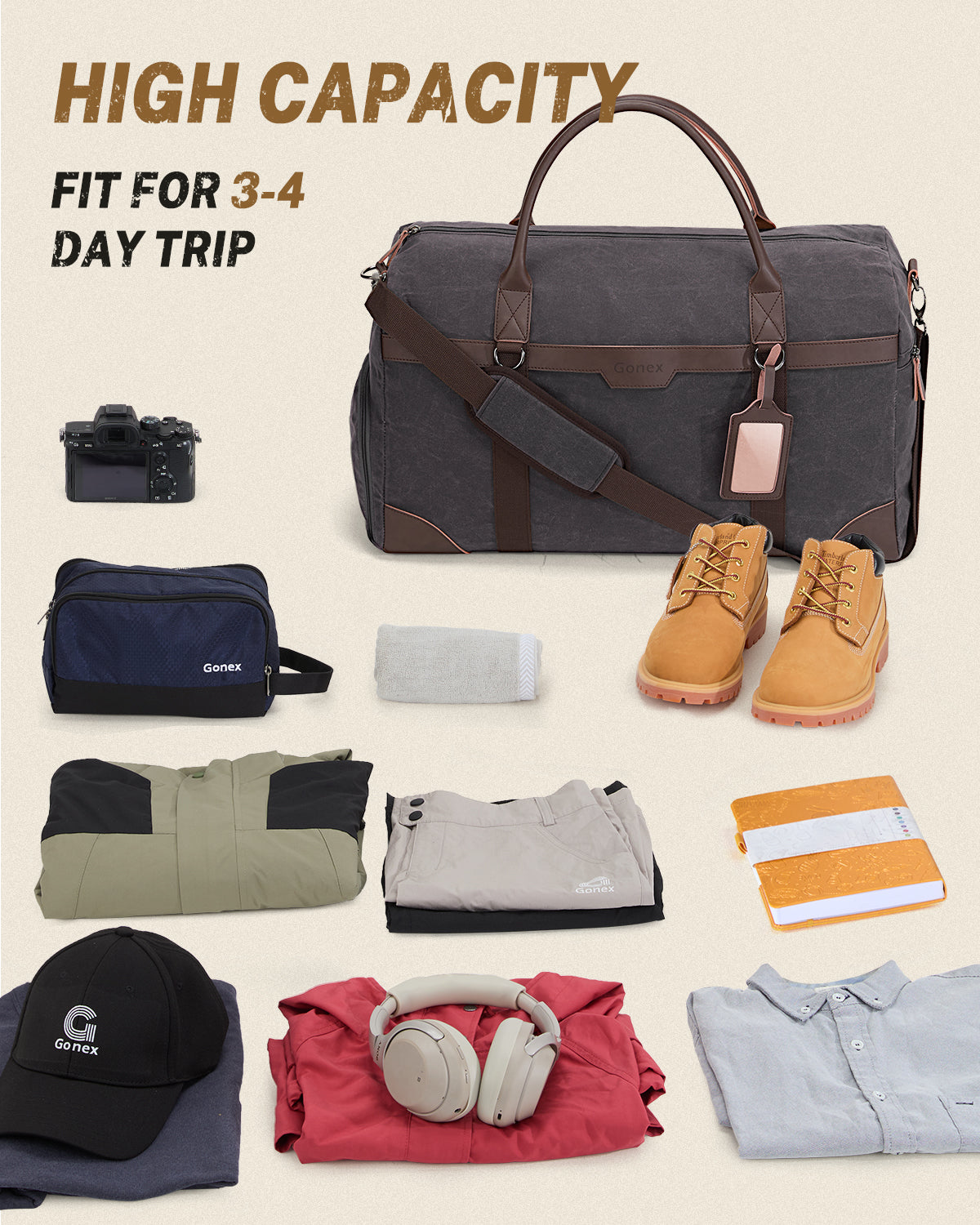 Gonex Waxed Canvas Duffle Bag, Water-Resistant Travel Duffel, Vintage Overnight Weekender Bag with Shoes Compartment for Men & Women
