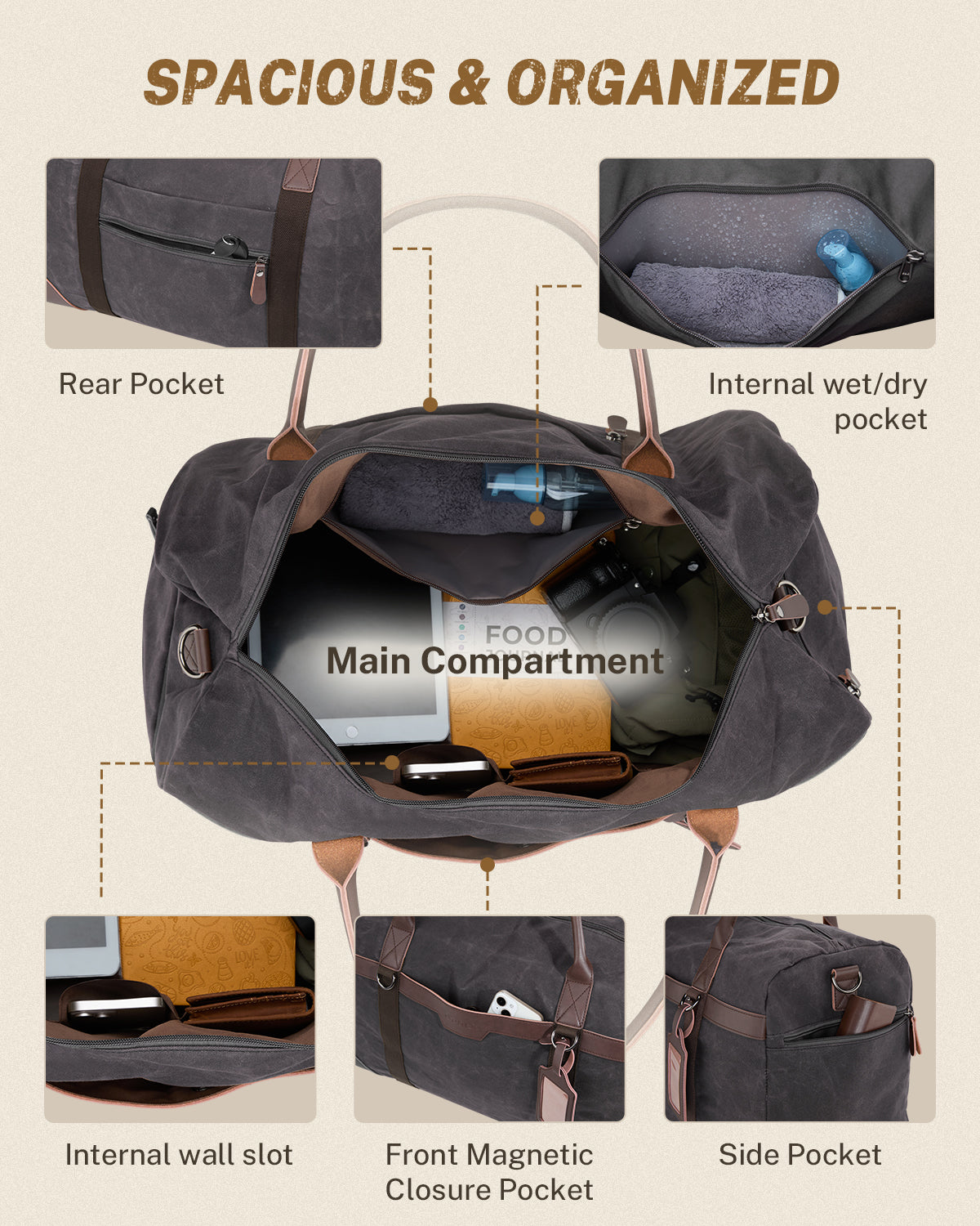 Gonex Waxed Canvas Duffle Bag, Water-Resistant Travel Duffel, Vintage Overnight Weekender Bag with Shoes Compartment for Men & Women
