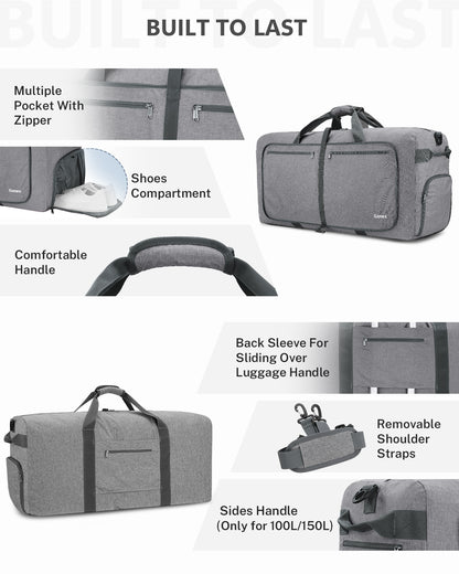 Gonex Large Foldable Travel Duffle Bag 100L, Water-Resistant Weekend Overnight Duffel Gym Bag with Shoes Compartment for Men Women