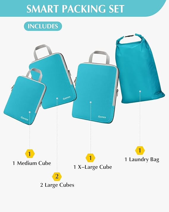 Gonex 5 Set Compression Packing Cubes, Expandable Travel Luggage Organizers with Laundry Bag