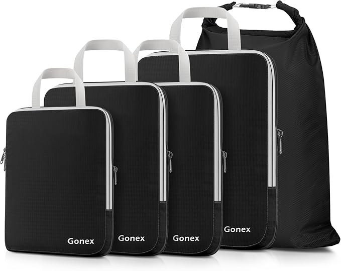 Gonex 5 Set Compression Packing Cubes, Expandable Travel Luggage Organizers with Laundry Bag