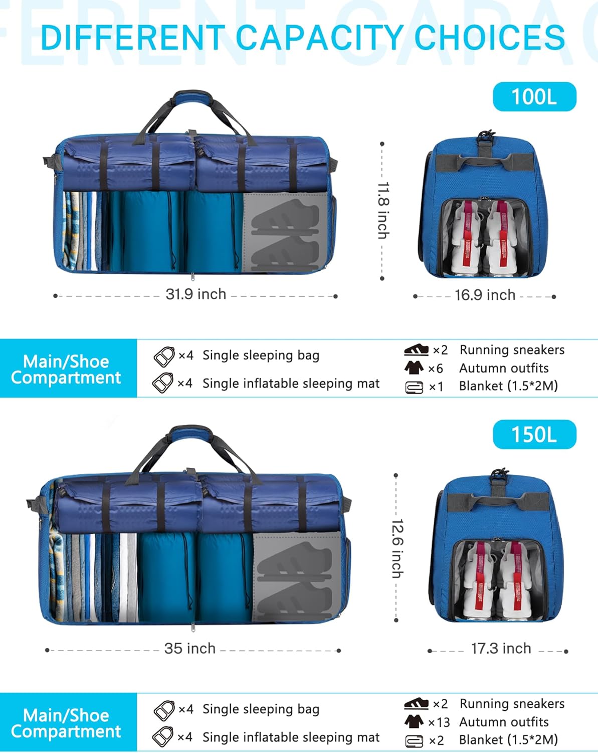 Gonex 100L 150L Large Foldable Travel Duffle Bag with Shoes Compartment