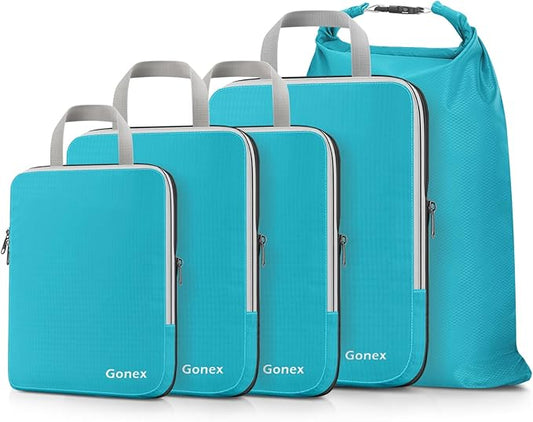 Gonex 5 Set Compression Packing Cubes, Expandable Travel Luggage Organizers with Laundry Bag