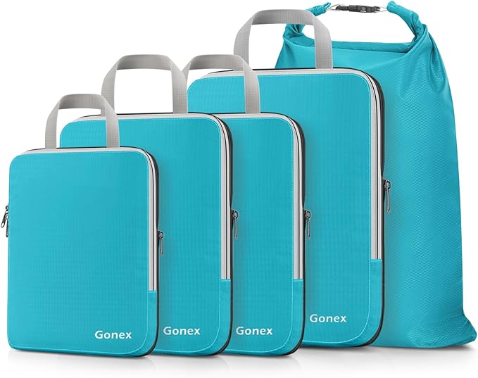 Gonex 5 Set Compression Packing Cubes, Expandable Travel Luggage Organizers with Laundry Bag