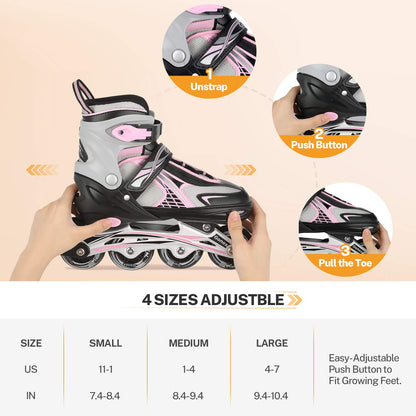 Gonex Inline Skates for Girls Boys Kids, Adjustable Skates Outdoor Blades Inline Roller Skates for Children Teens Women with Light Up Wheels for Indoor Outdoor Backyard Skating