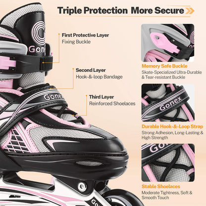 Gonex Inline Skates for Girls Boys Kids, Adjustable Skates Outdoor Blades Inline Roller Skates for Children Teens Women with Light Up Wheels for Indoor Outdoor Backyard Skating