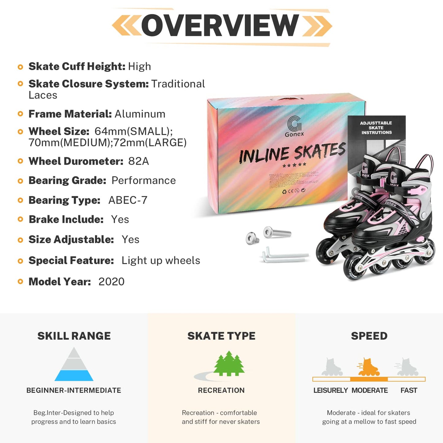Gonex Inline Skates for Girls Boys Kids, Adjustable Skates Outdoor Blades Inline Roller Skates for Children Teens Women with Light Up Wheels for Indoor Outdoor Backyard Skating
