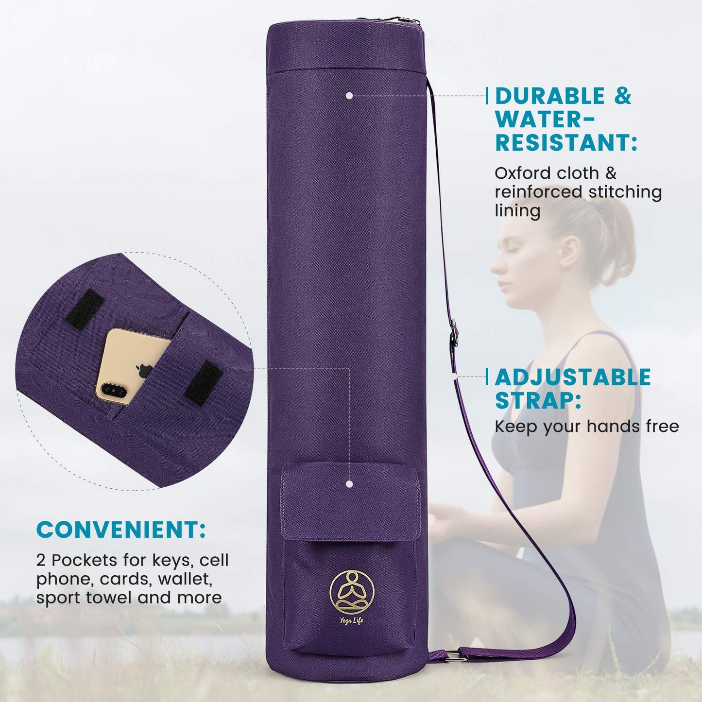 Gonex Yoga Mat Bag, Yoga Mat Carrier Full-Zip Exercise Yoga Mat Carry Bag for Women Men with 2 Multi-Functional Storage Cargo Pockets Extra Wide Adjustable Shoulder Strap