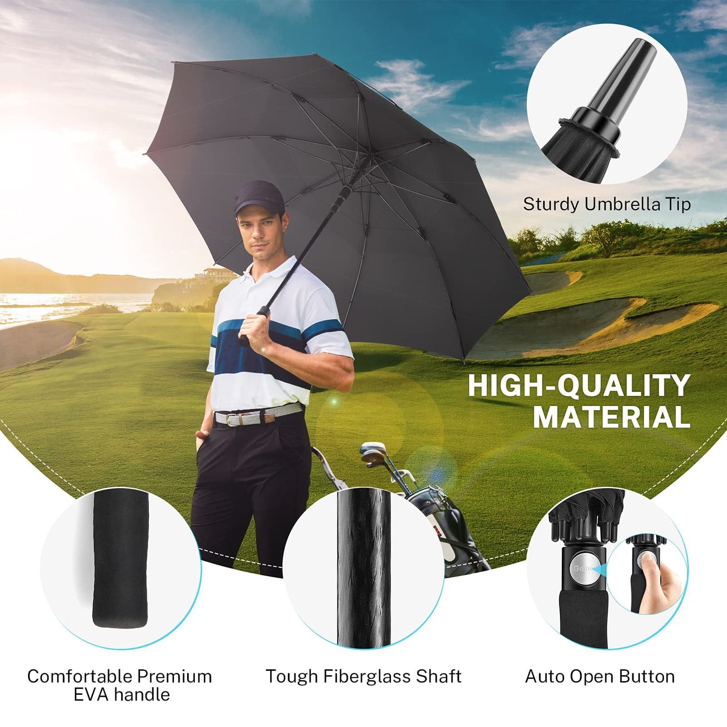 Gonex Automatic Open Golf Umbrella, Extra Large Vented Stick Umbrellas with Windproof Double Canopy