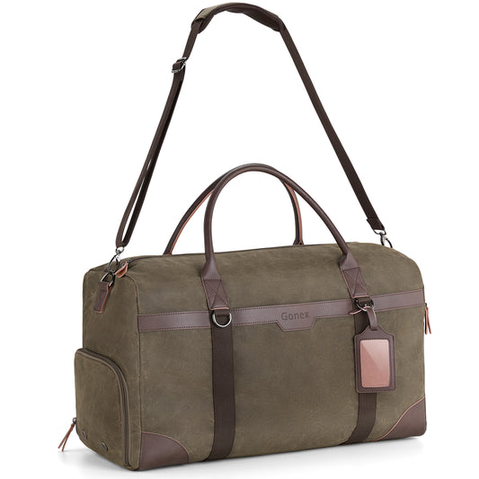 Gonex Waxed Canvas Duffle Bag, Water-Resistant Travel Duffel, Vintage Overnight Weekender Bag with Shoes Compartment for Men & Women