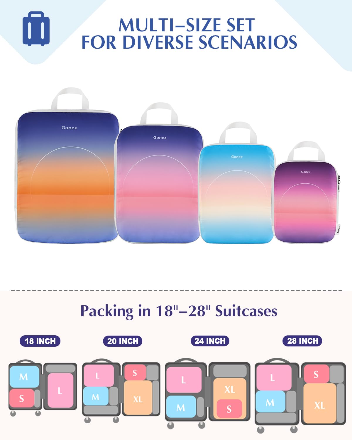 Gonex Compression Packing Cubes for Luggage, 4 Set Expandable Travel Organizers with Dual Zippers