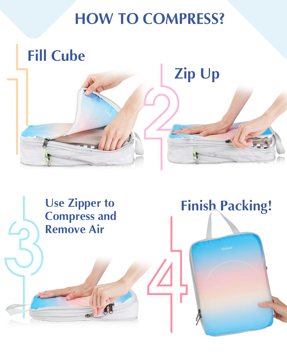 Gonex Compression Packing Cubes for Luggage, 4 Set Expandable Travel Organizers with Dual Zippers